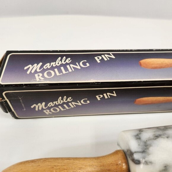White Marble Rolling Pin Wooden Handles & Stand Gourmet Vintage Boxed - Picture 10 of 11